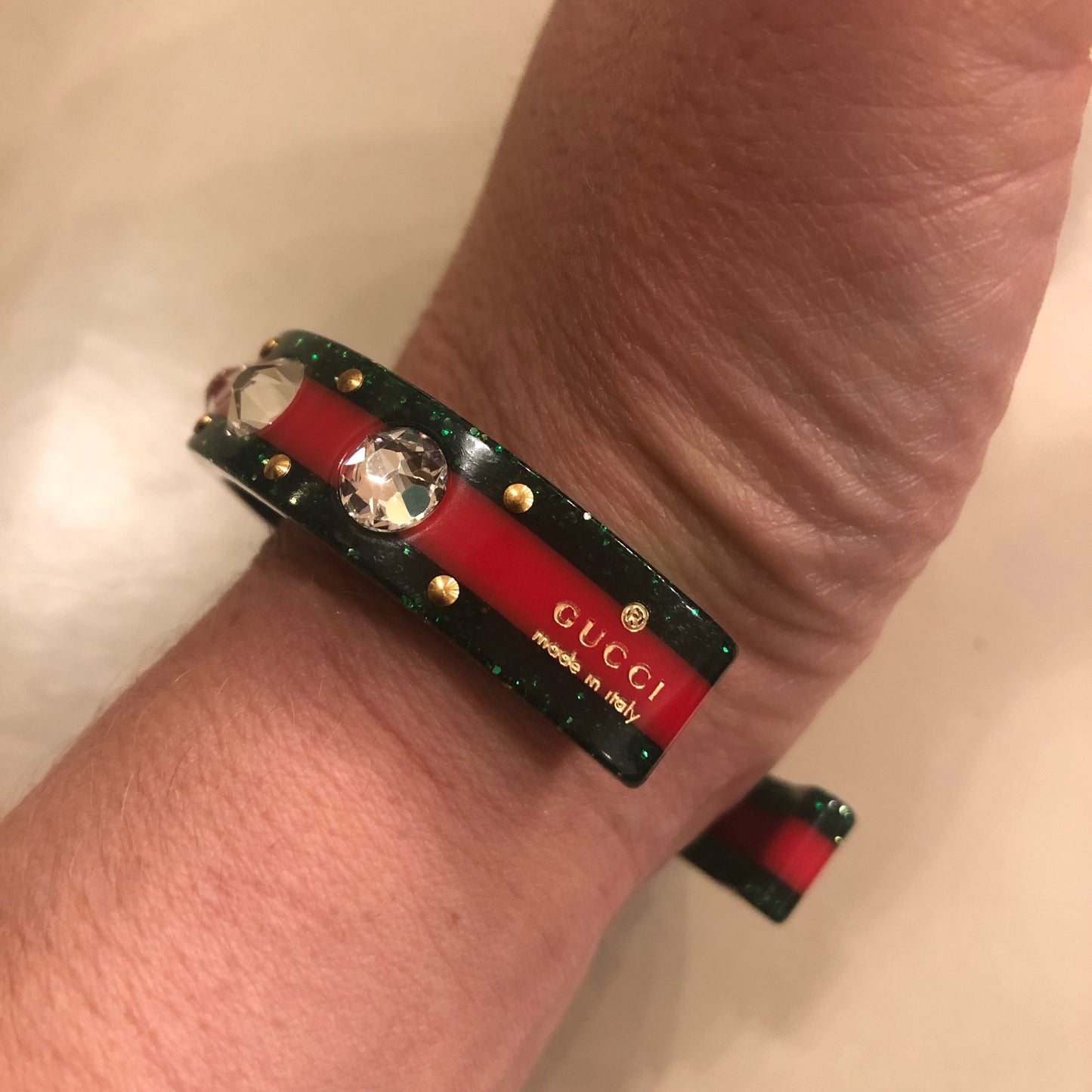 Gucci Open Stripe Cuff with Crystal Bee in Red and Green