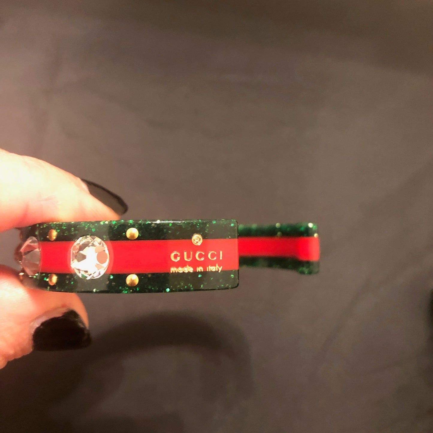 Gucci Open Stripe Cuff with Crystal Bee in Red and Green