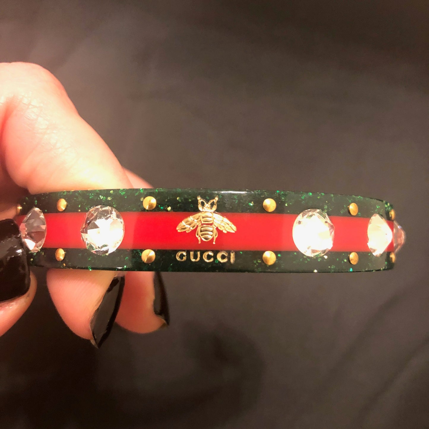 Gucci Open Stripe Cuff with Crystal Bee in Red and Green
