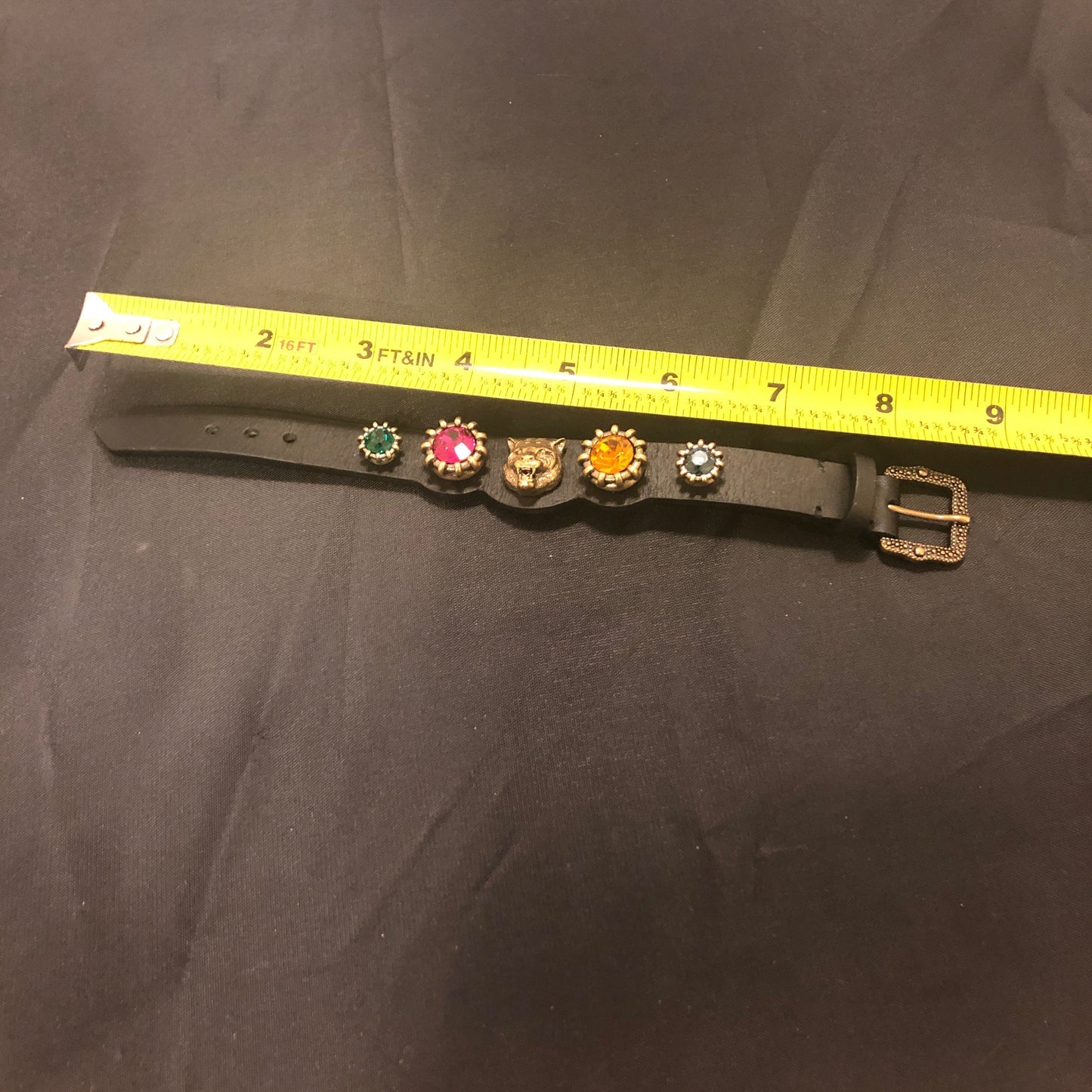 Gucci Crystal Feline Head Leather Bracelet in Black