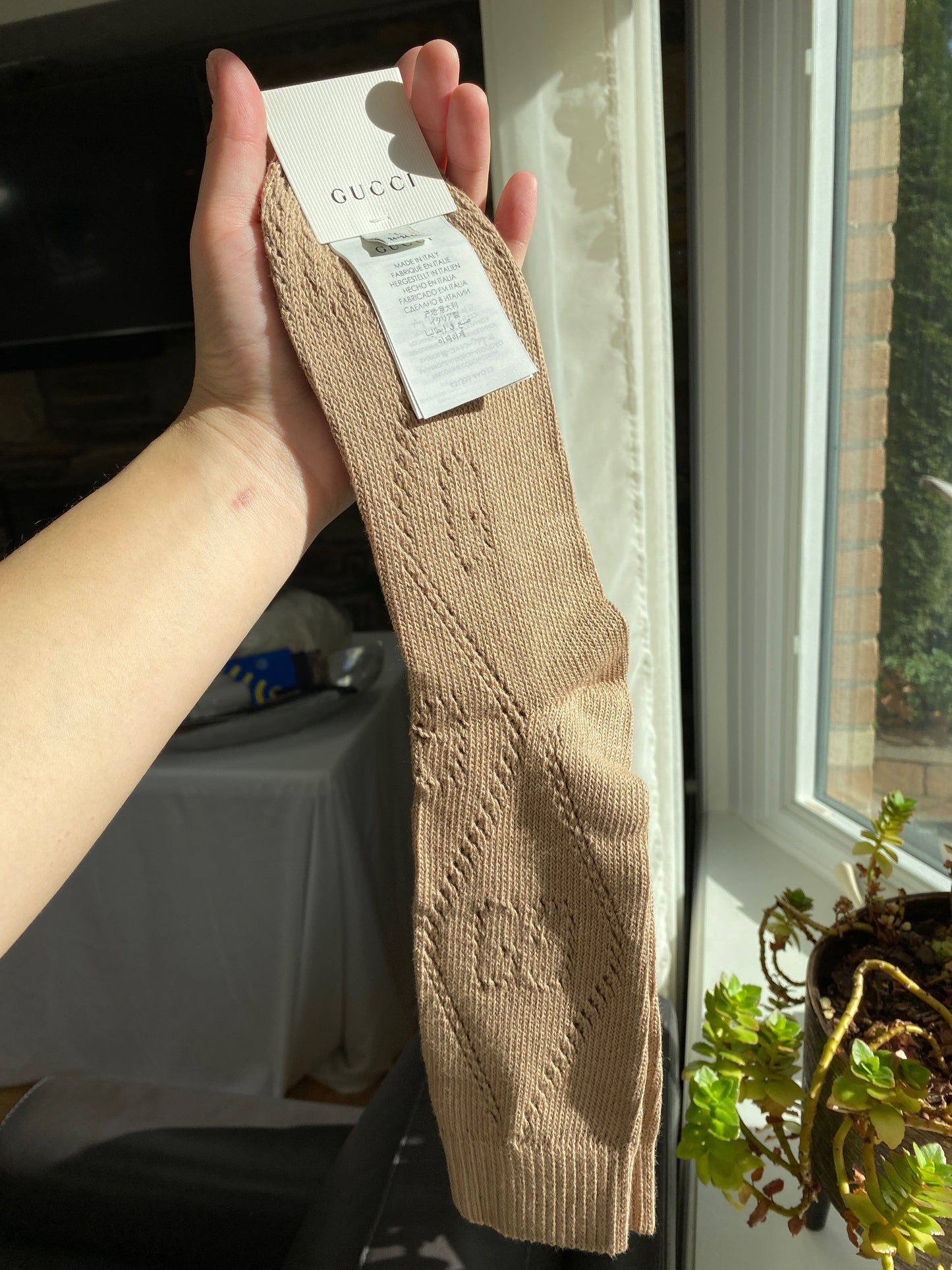 Gucci Interlocking GG Knit Sock in Camel