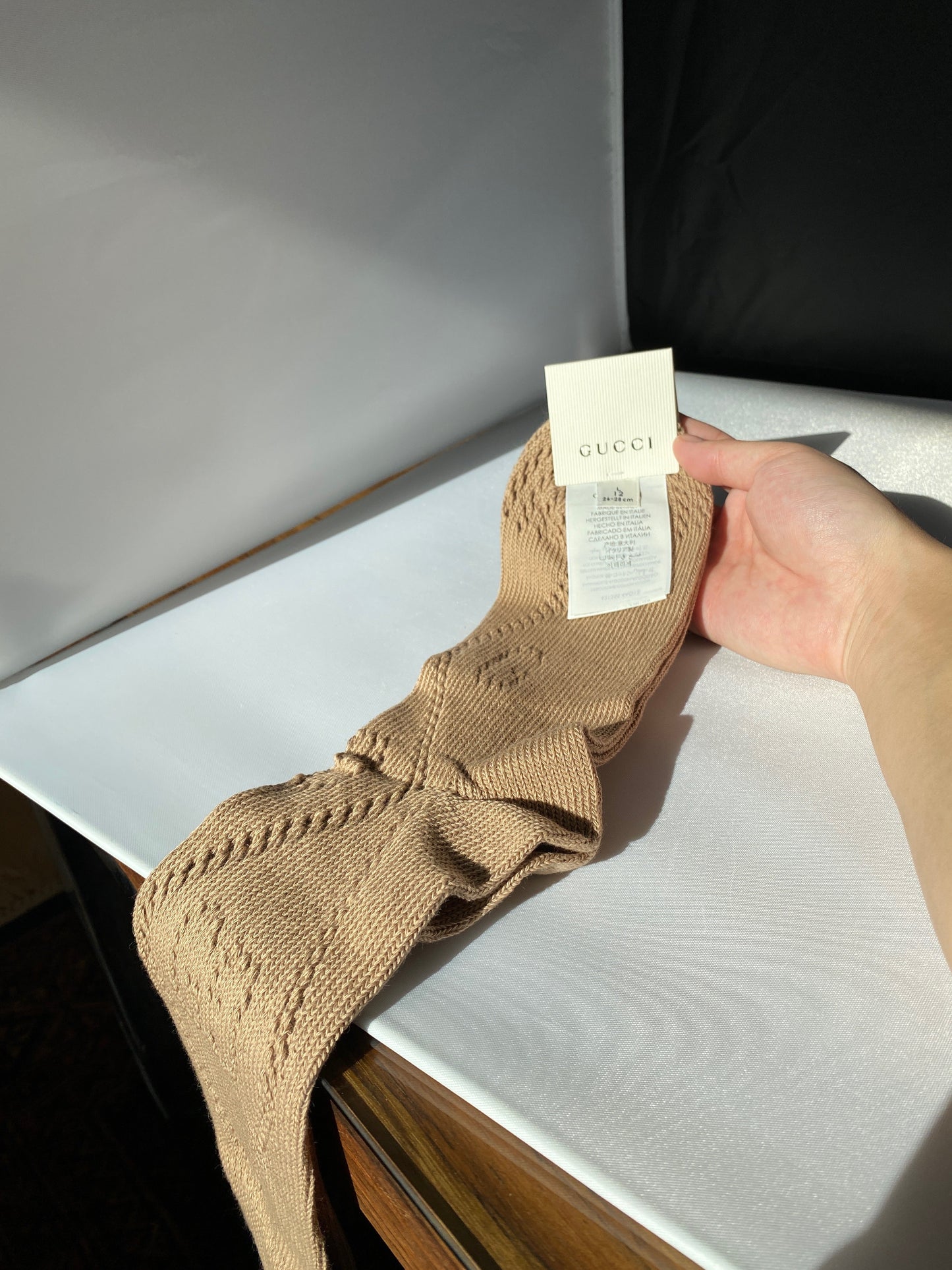 Gucci Interlocking GG Knit Sock in Camel