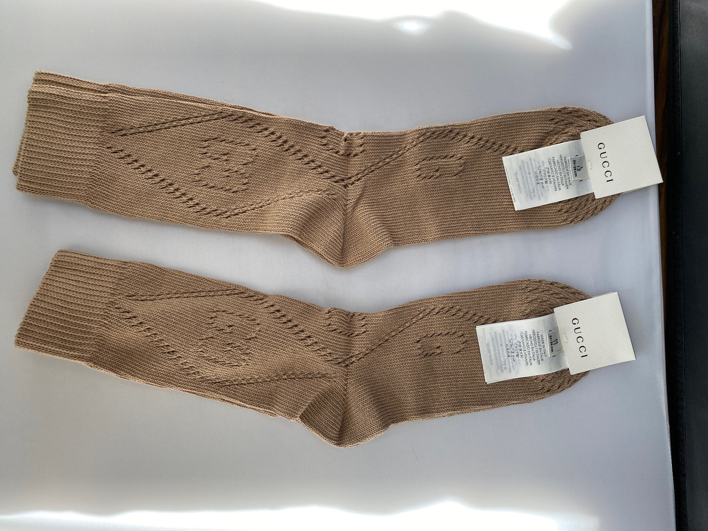 Gucci Interlocking GG Knit Sock in Camel