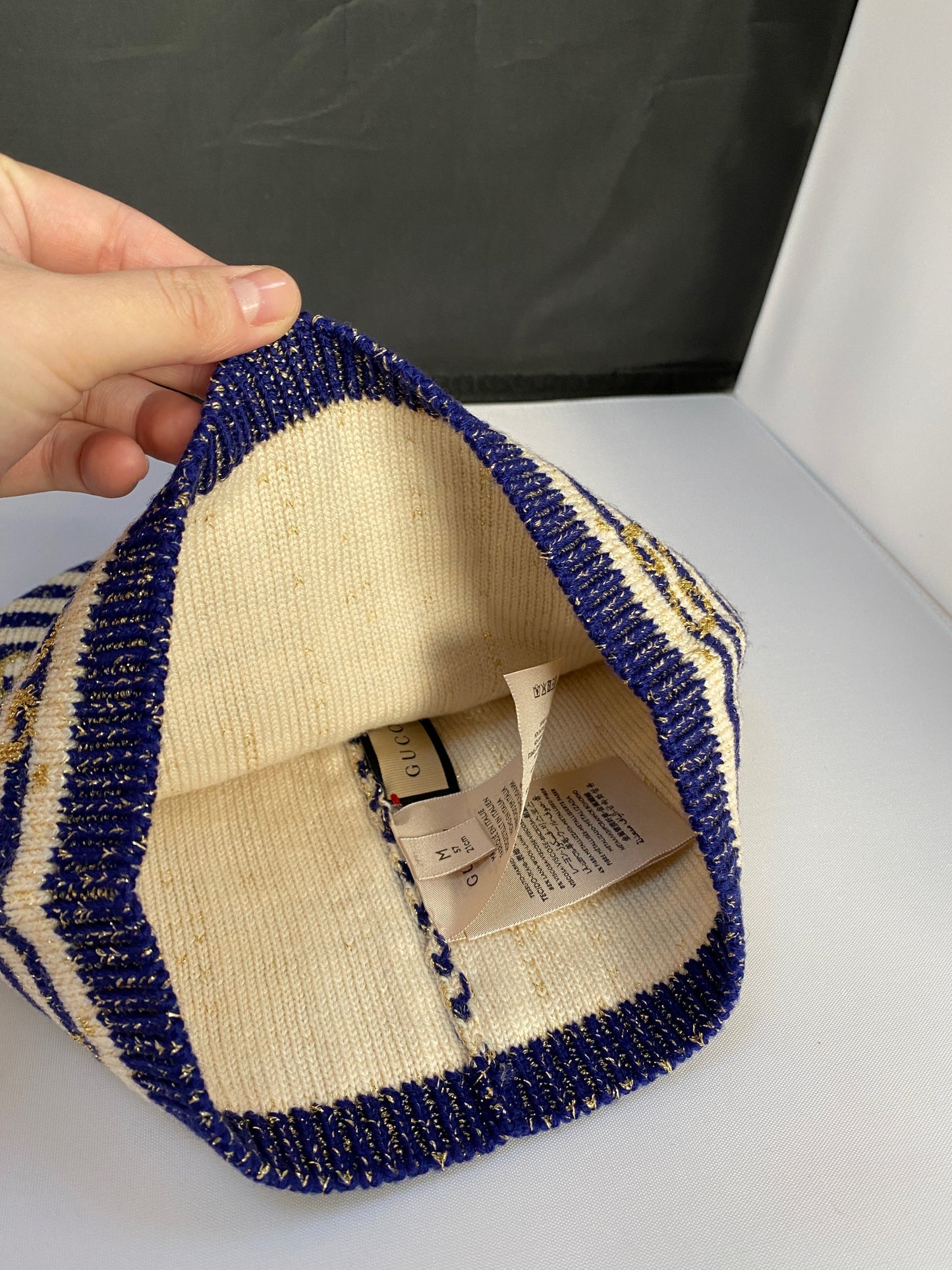 Gucci Knit Beanie in Blue and Ivory with Gold Lamé
