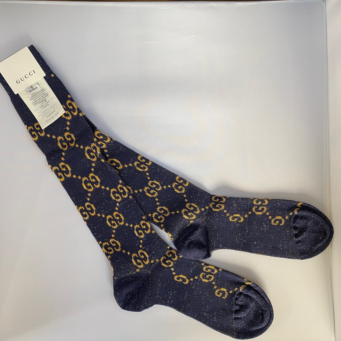 Gucci GG Socks in Blue with Gold Lamé GG