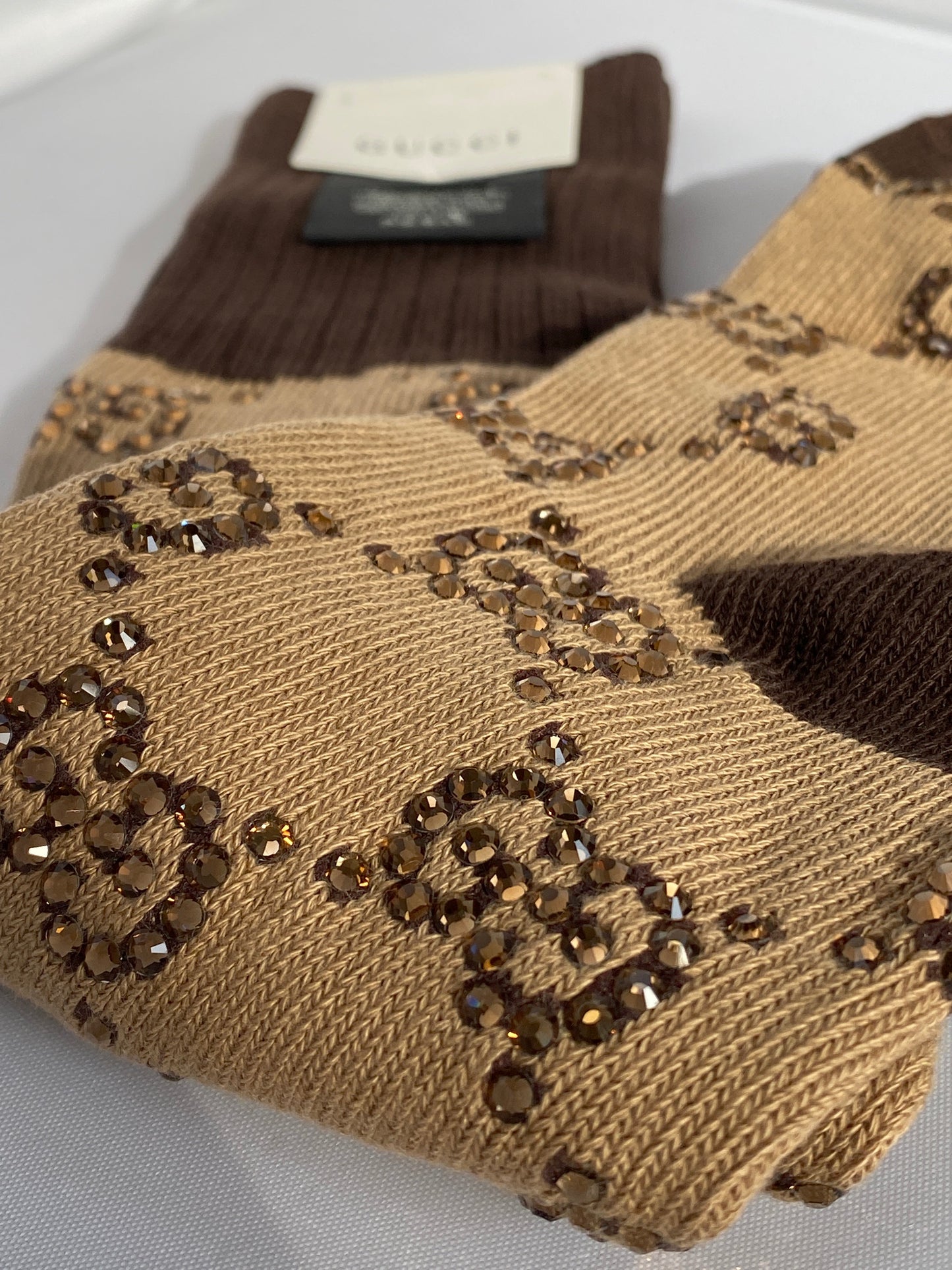 Gucci Crystal Embellished Socks in Beige