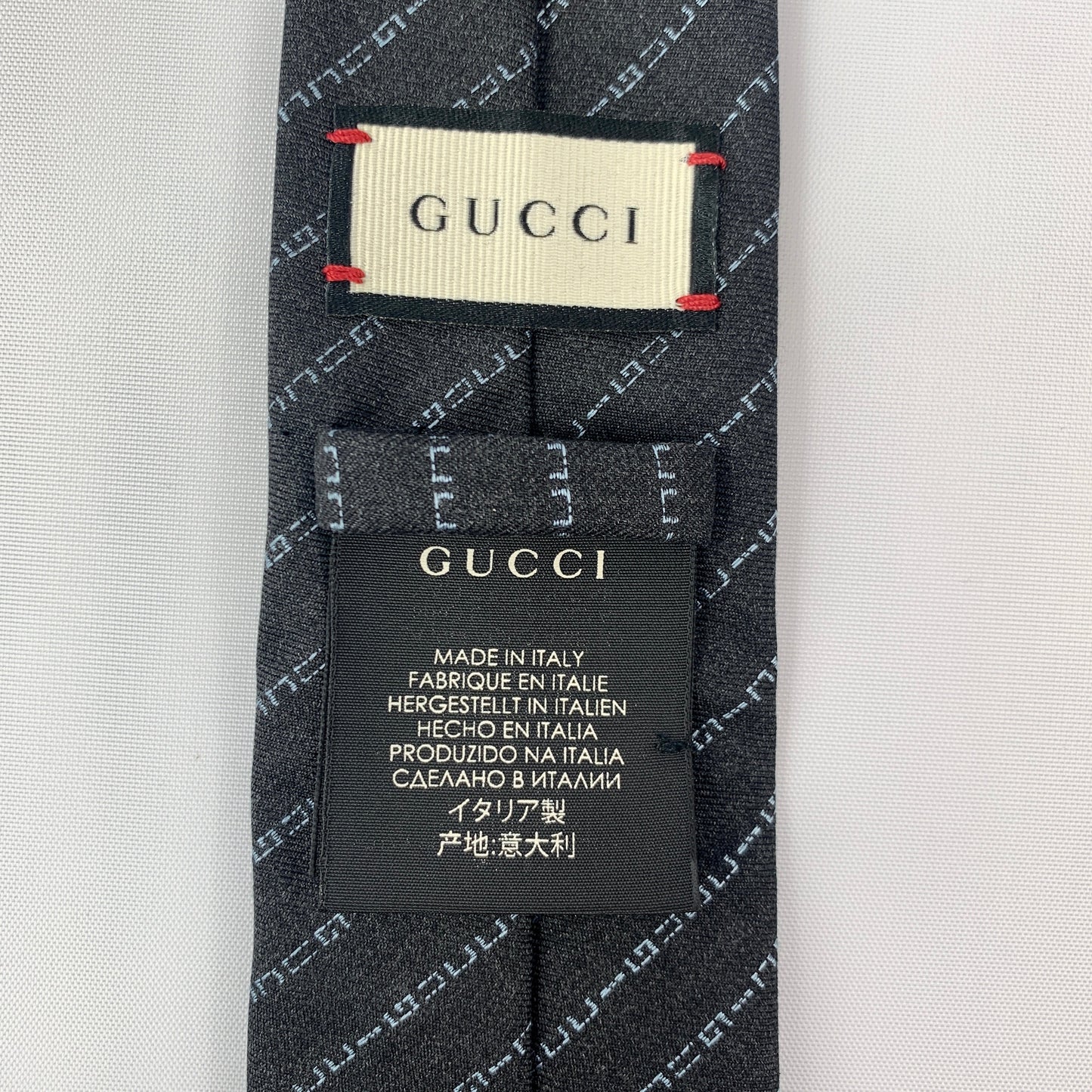 Gucci Wool Barber Tie with Logo in Graphite and Sky Blue