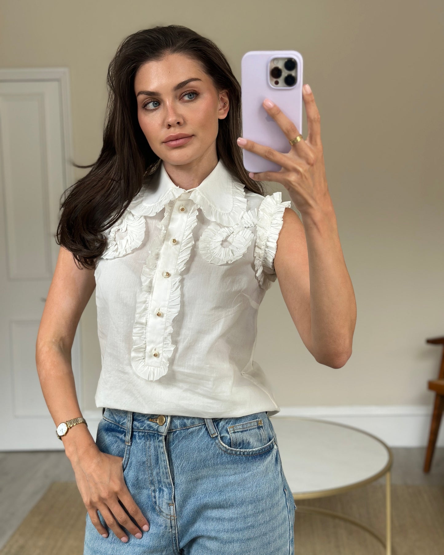 Gucci White Ruched Short Sleeve Blouse with Pearl GG Detailing IT 38 (UK 6)