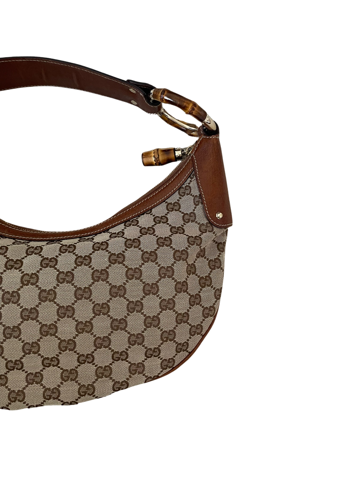 Gucci GG Bamboo Beige & Dark Brown Jacquard & Leather HandBag