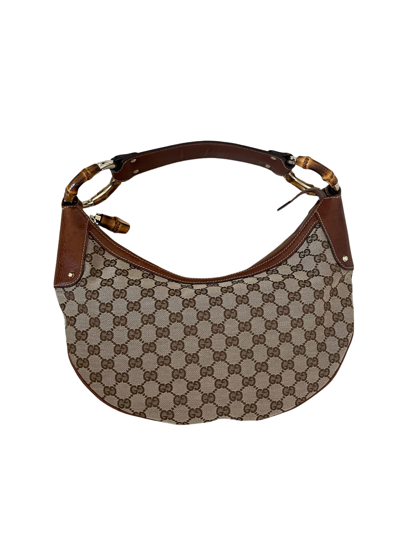 Gucci GG Bamboo Beige & Dark Brown Jacquard & Leather HandBag