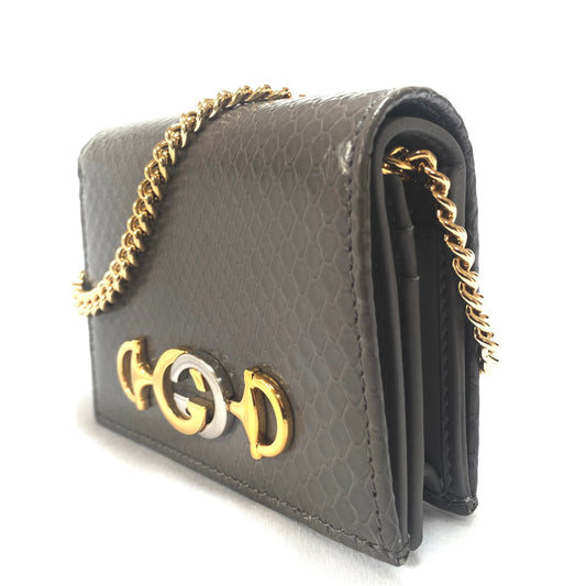 Gucci Zumi Horse-bit Snakeskin Card Case on a Chain in Graphite Gray