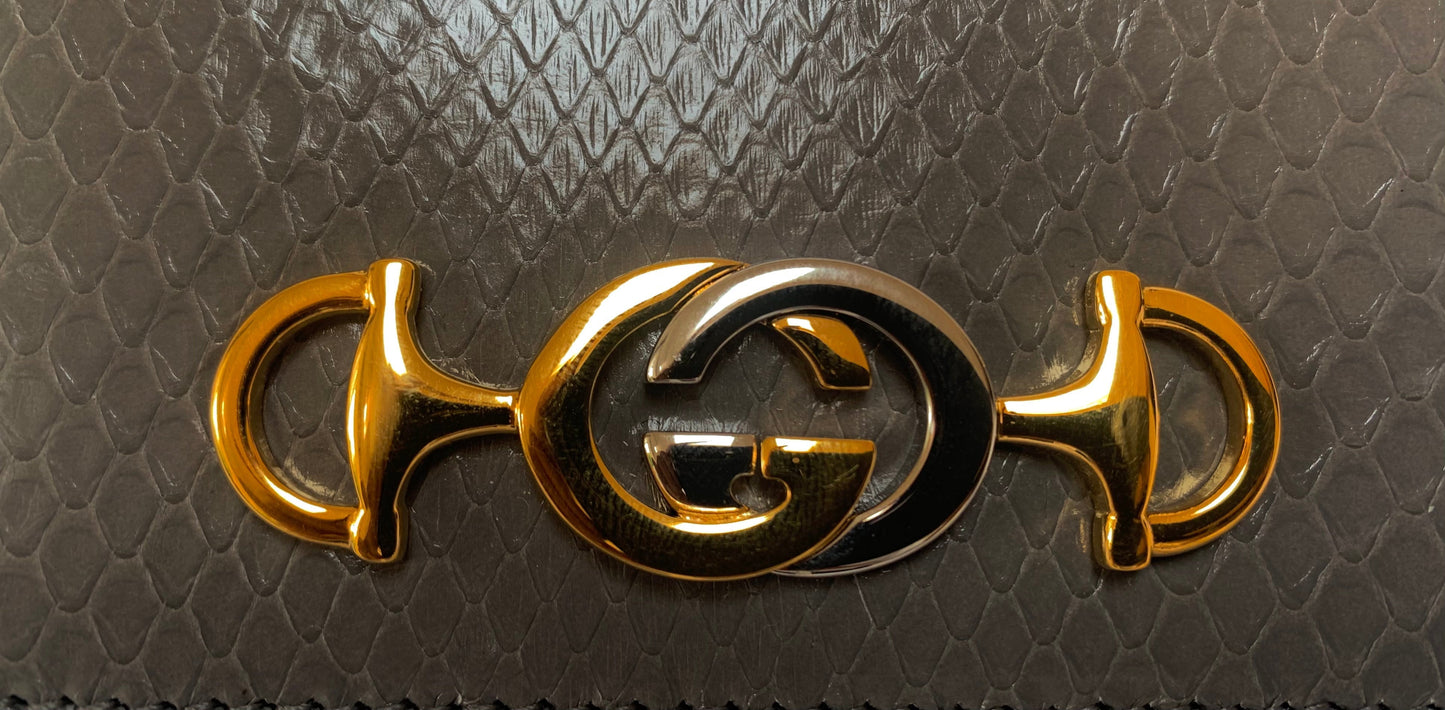 Gucci Zumi Horse-bit Snakeskin Card Case on a Chain in Graphite Gray
