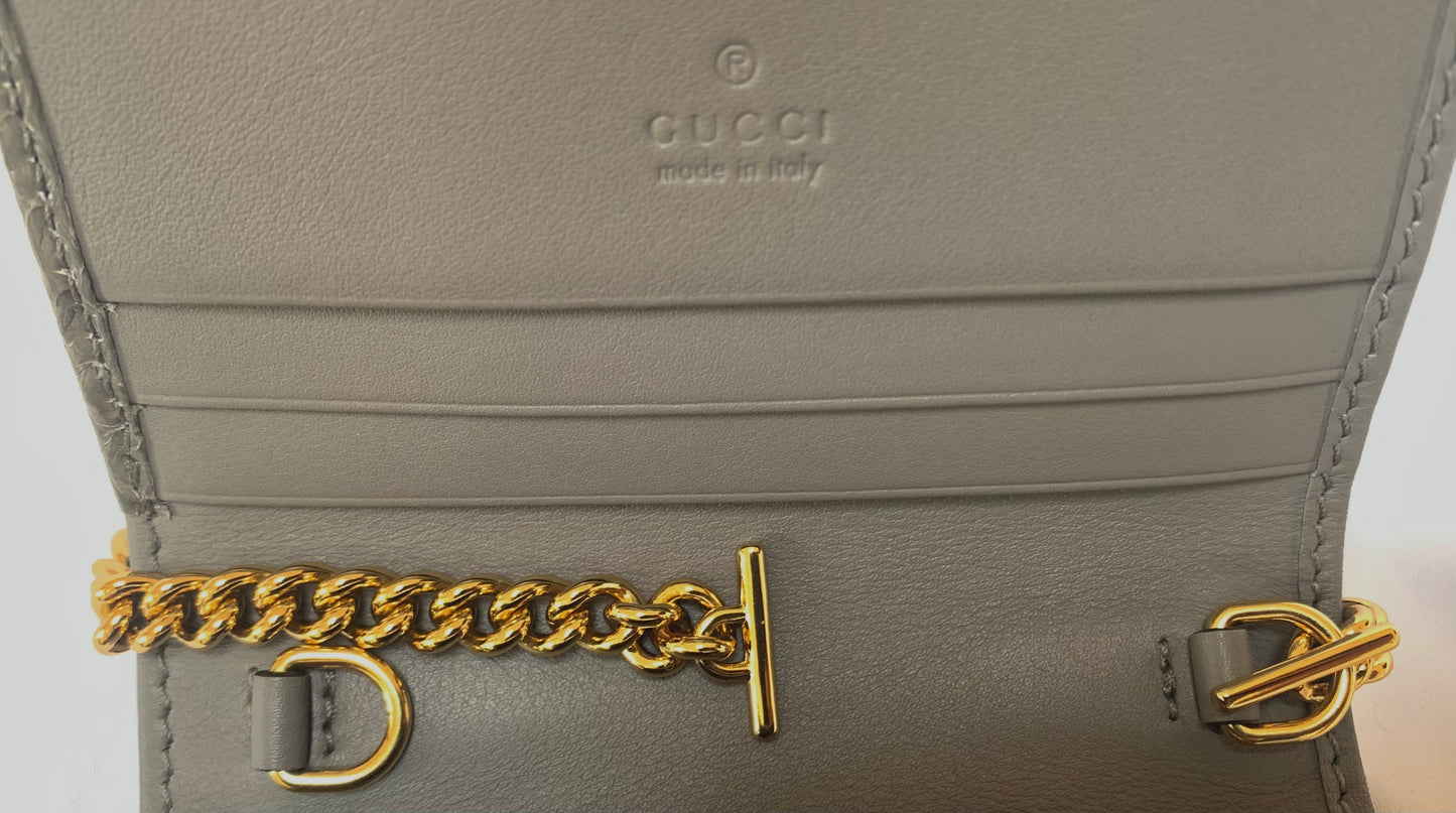 Gucci Zumi Horse-bit Snakeskin Card Case on a Chain in Graphite Gray