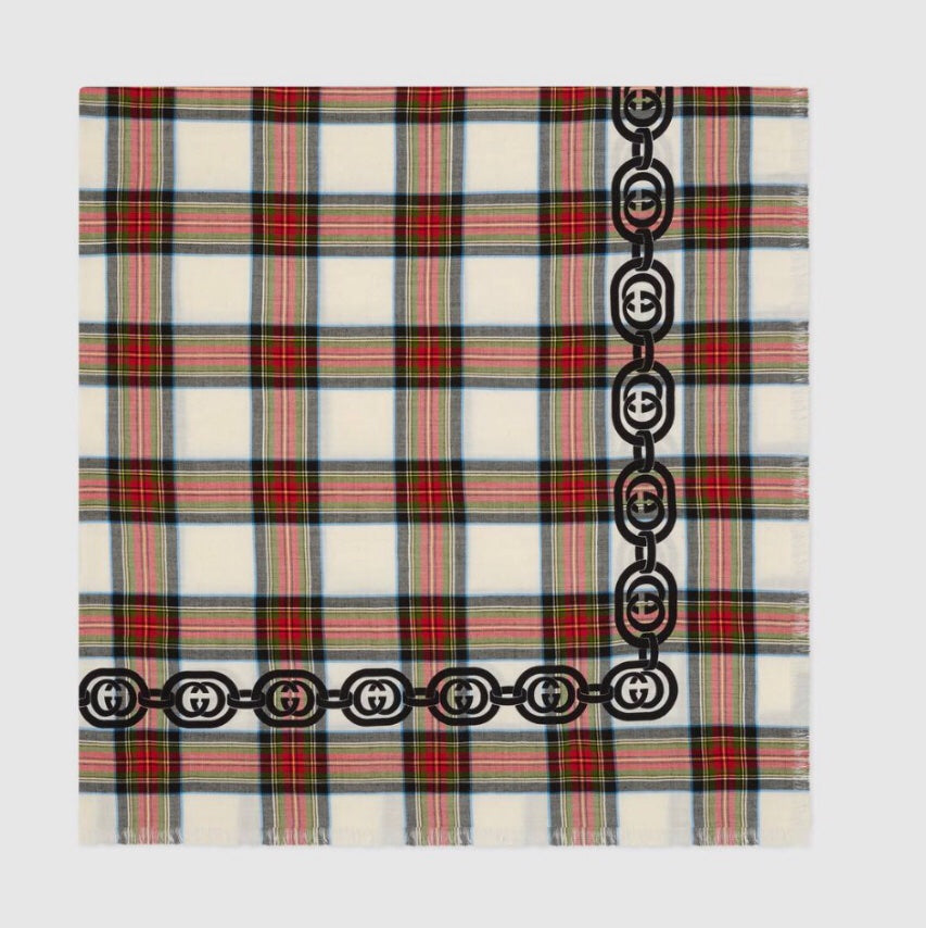 Gucci Interlocking GG Chain Tartan Scarf in White