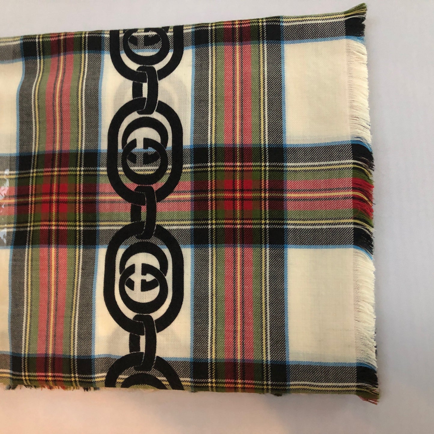 Gucci Interlocking GG Chain Tartan Scarf in White