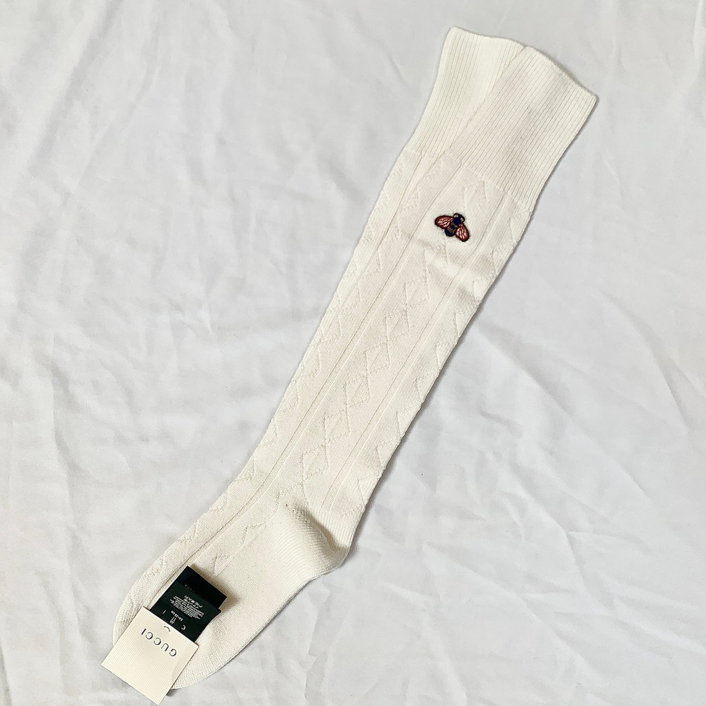 Gucci Wool Blend Knee High Socks with Bee Patch In Ivory
