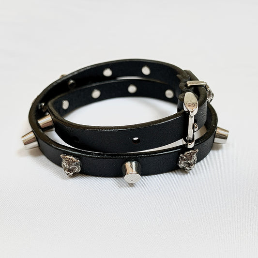 Gucci Studded Feline Head Leather Wrap Bracelet in Black