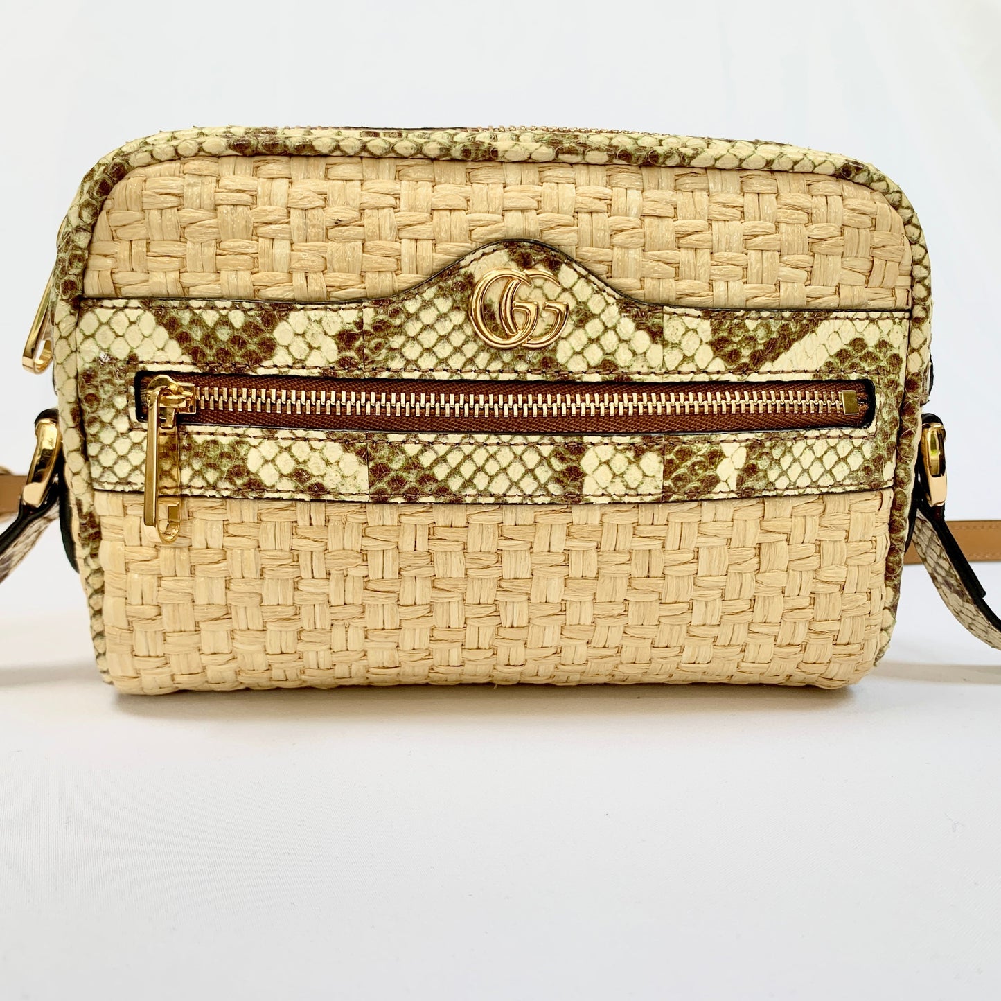 Gucci Mini GG Ophidia Straw Shoulder Bag with Printed Trim in Beige and Green