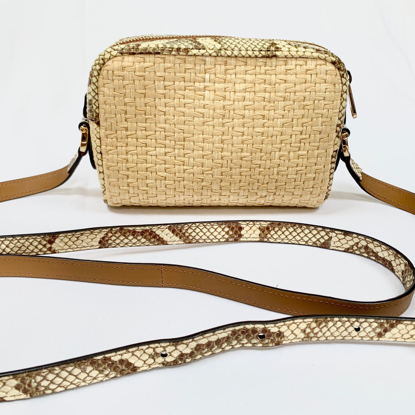 Gucci Mini GG Ophidia Straw Shoulder Bag with Printed Trim in Beige and Green
