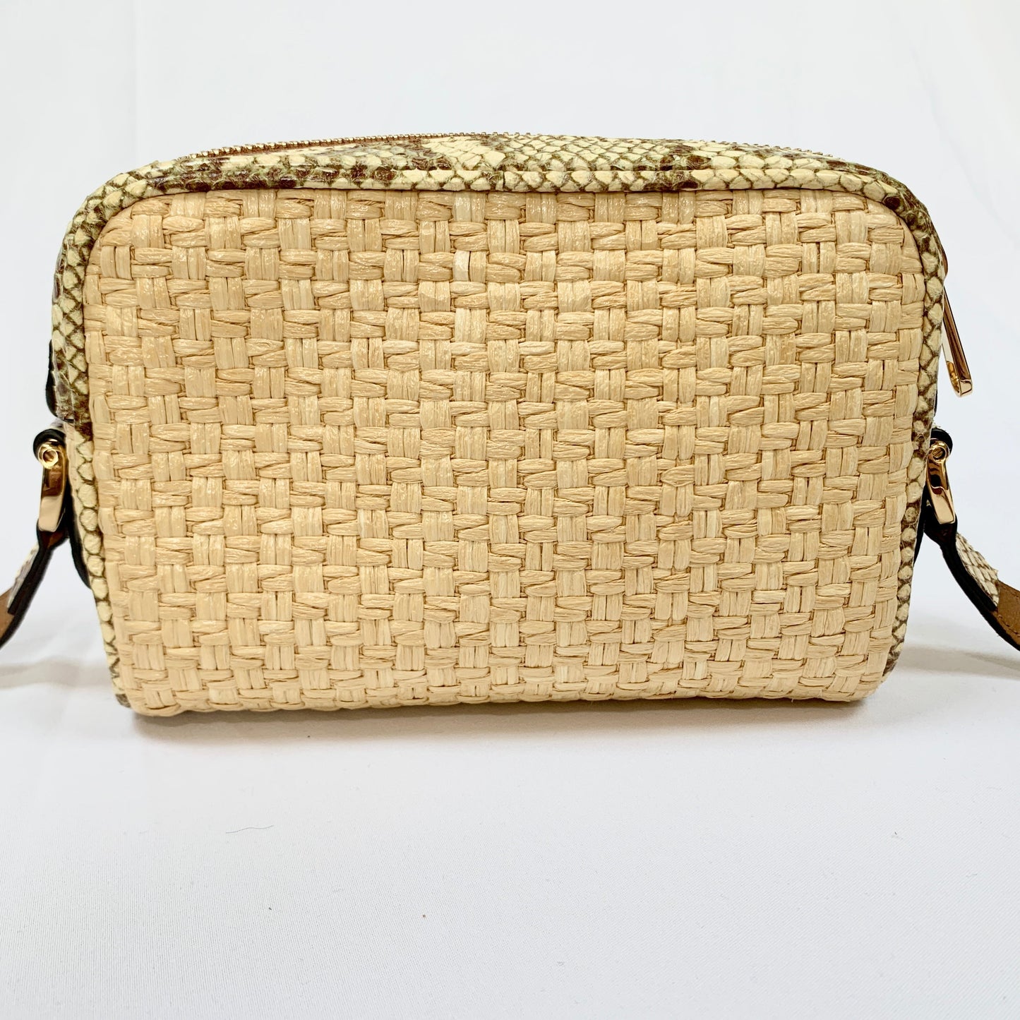 Gucci Mini GG Ophidia Straw Shoulder Bag with Printed Trim in Beige and Green