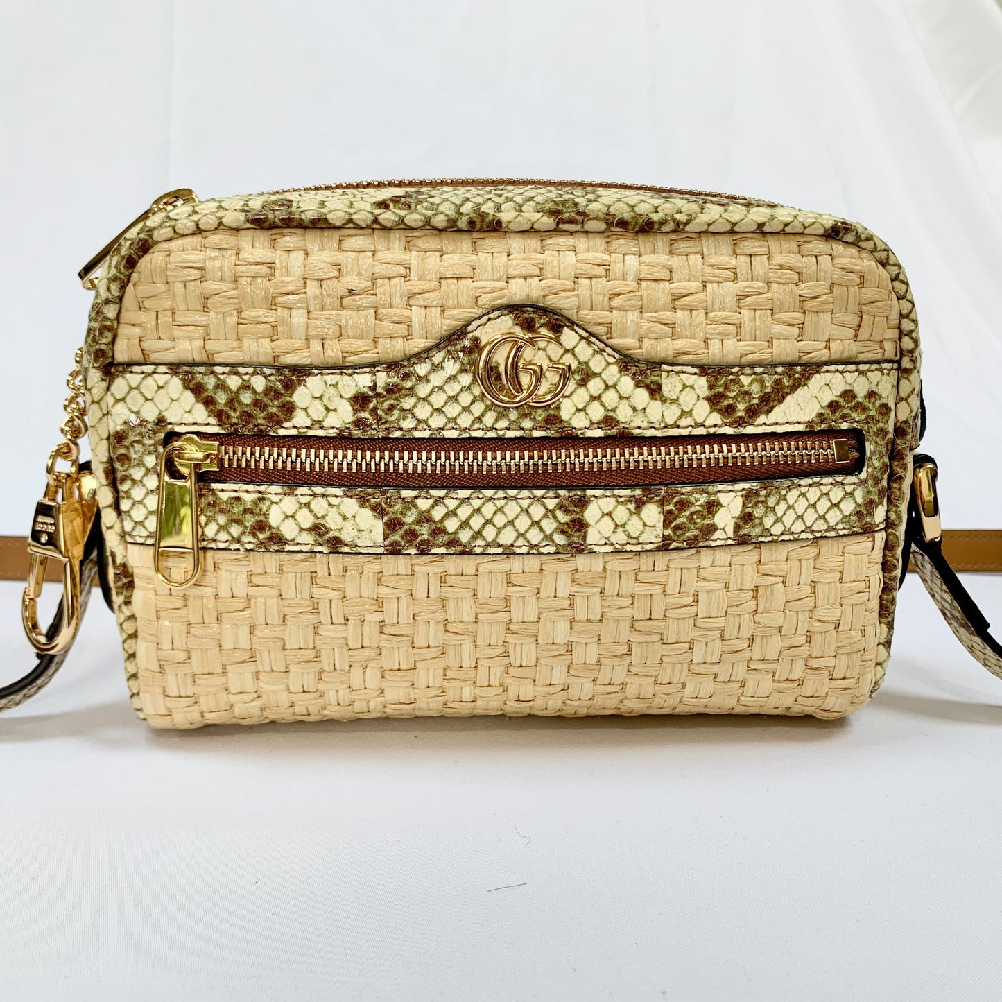 Gucci Mini GG Ophidia Straw Shoulder Bag with Printed Trim in Beige and Green