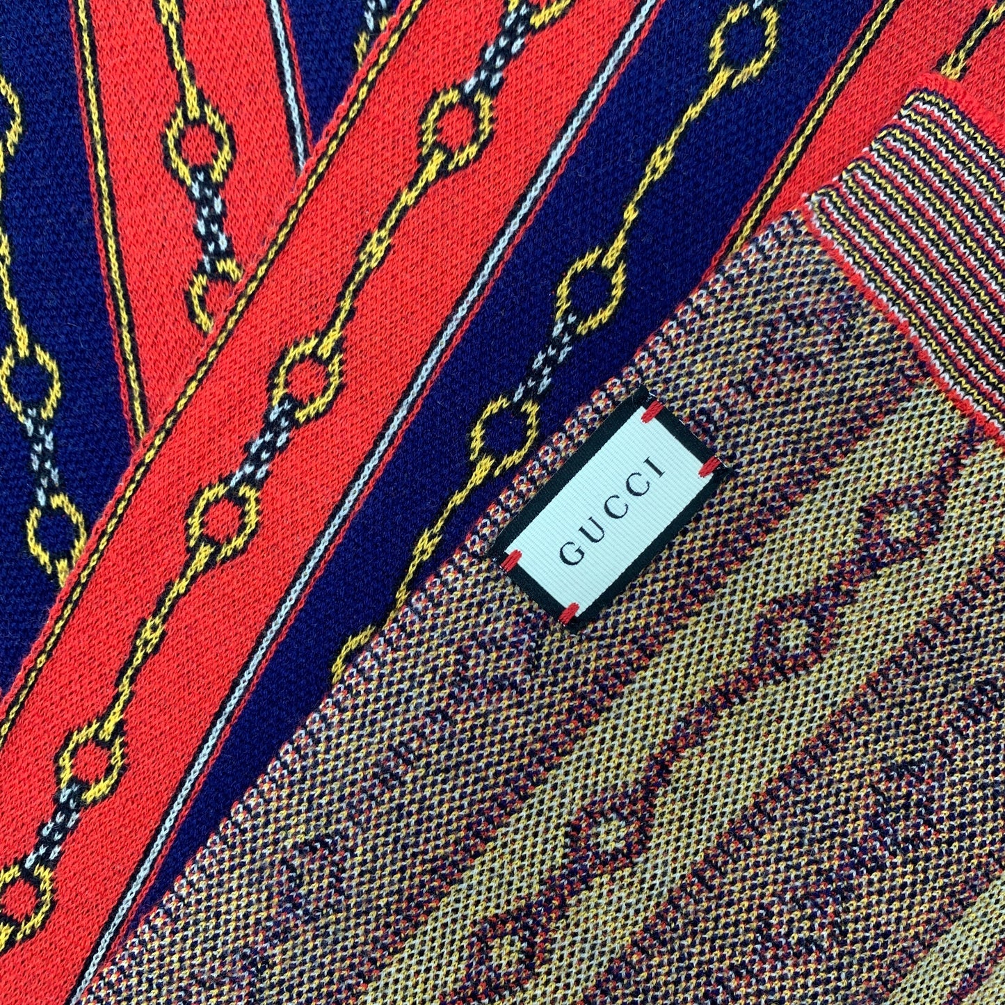 Gucci Cotton Cashmere Horse-bit Chain Scarf in Navy and Red