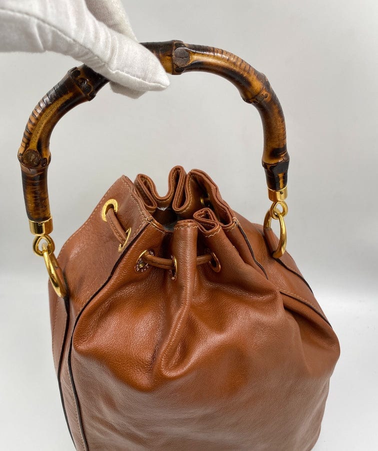 Gucci Tan Bucket Bag w Bamboo Handles