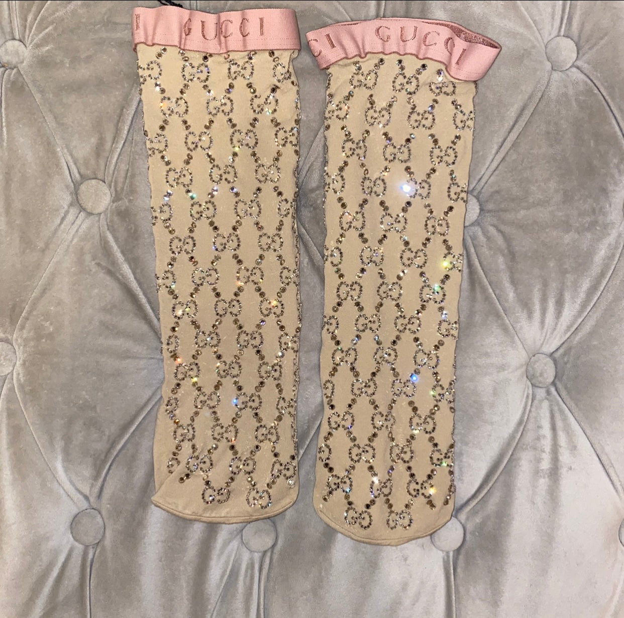Gucci Crystal Embellished GG Socks in Beige