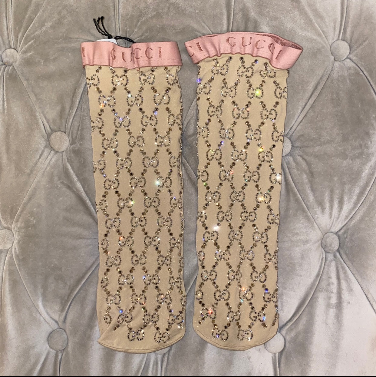 Gucci Crystal Embellished GG Socks in Beige