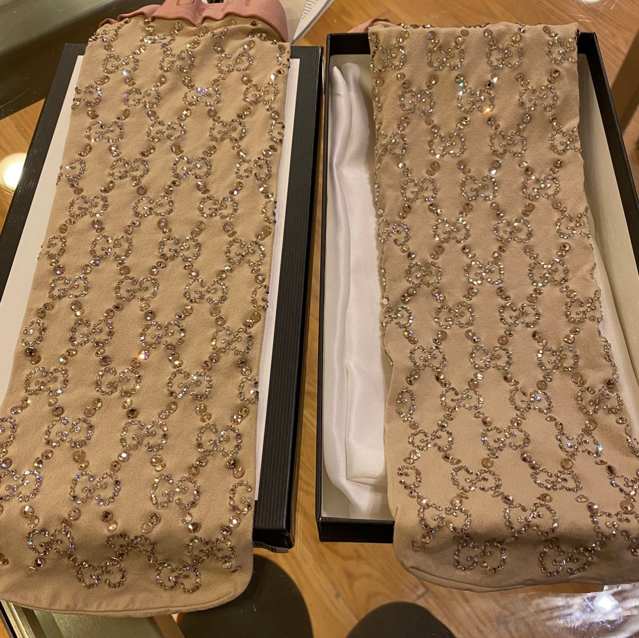 Gucci Crystal Embellished GG Socks in Beige