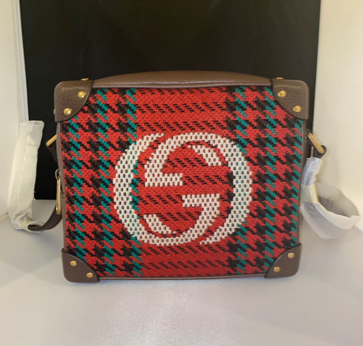Gucci Houndstooth And Stripe Shoulder Bag With Interlocking G Red & Green