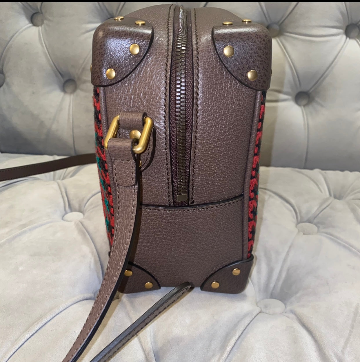 Gucci Houndstooth And Stripe Shoulder Bag With Interlocking G Red & Green