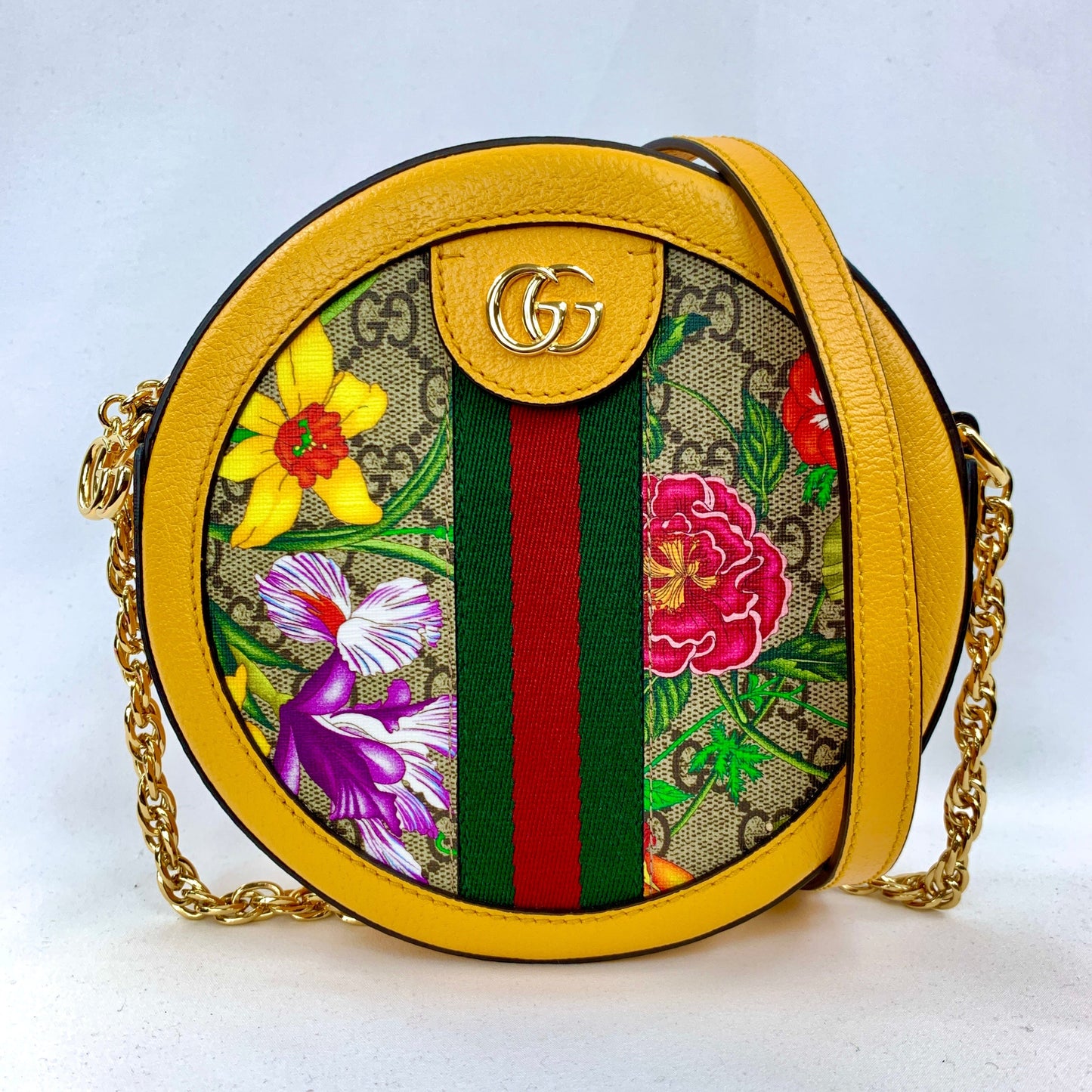 Gucci Mini Ophidia GG Flora Round Shoulder Bag in Yellow