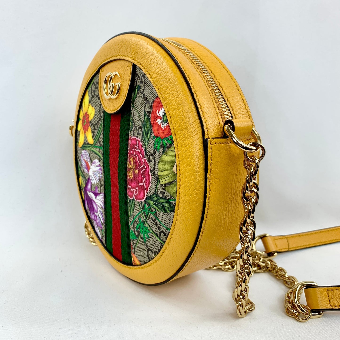 Gucci Mini Ophidia GG Flora Round Shoulder Bag in Yellow