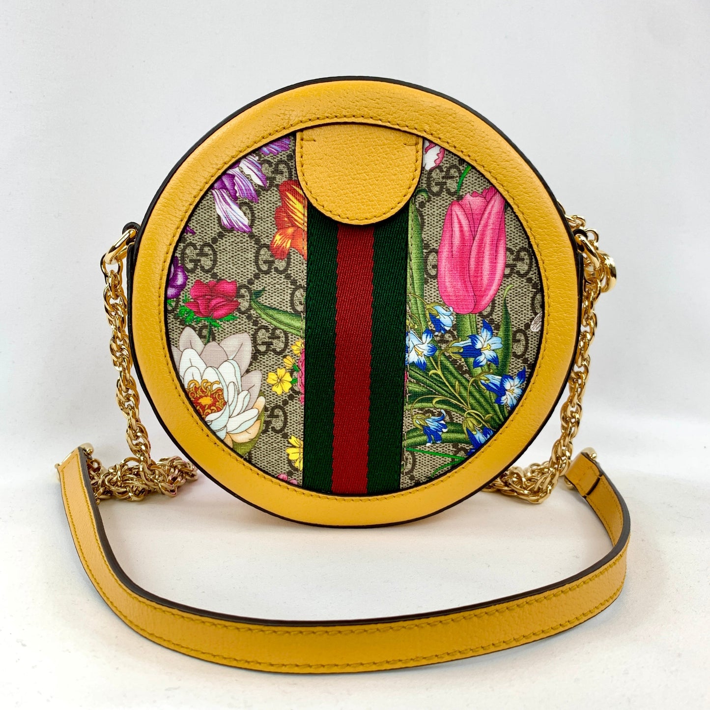 Gucci Mini Ophidia GG Flora Round Shoulder Bag in Yellow