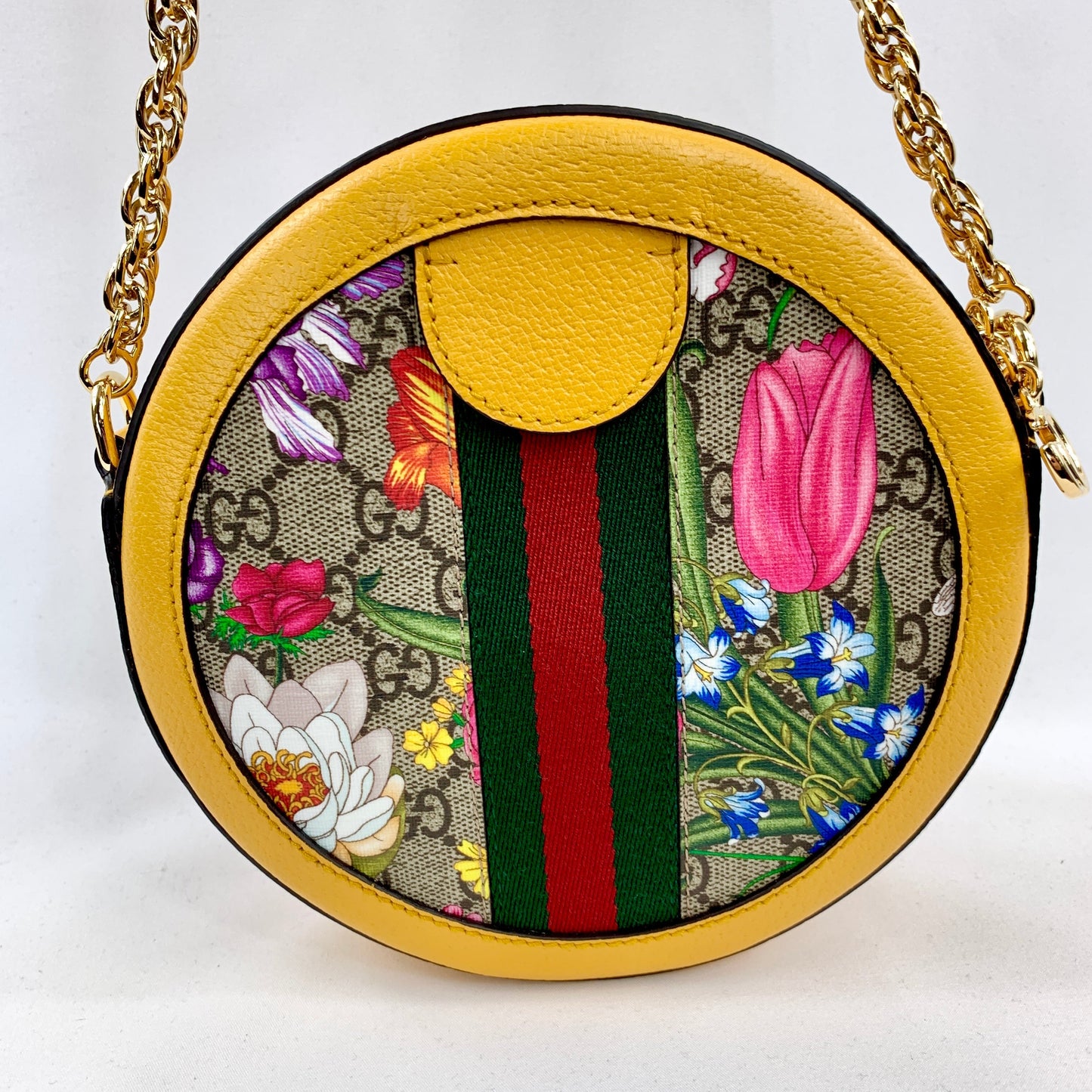 Gucci Mini Ophidia GG Flora Round Shoulder Bag in Yellow