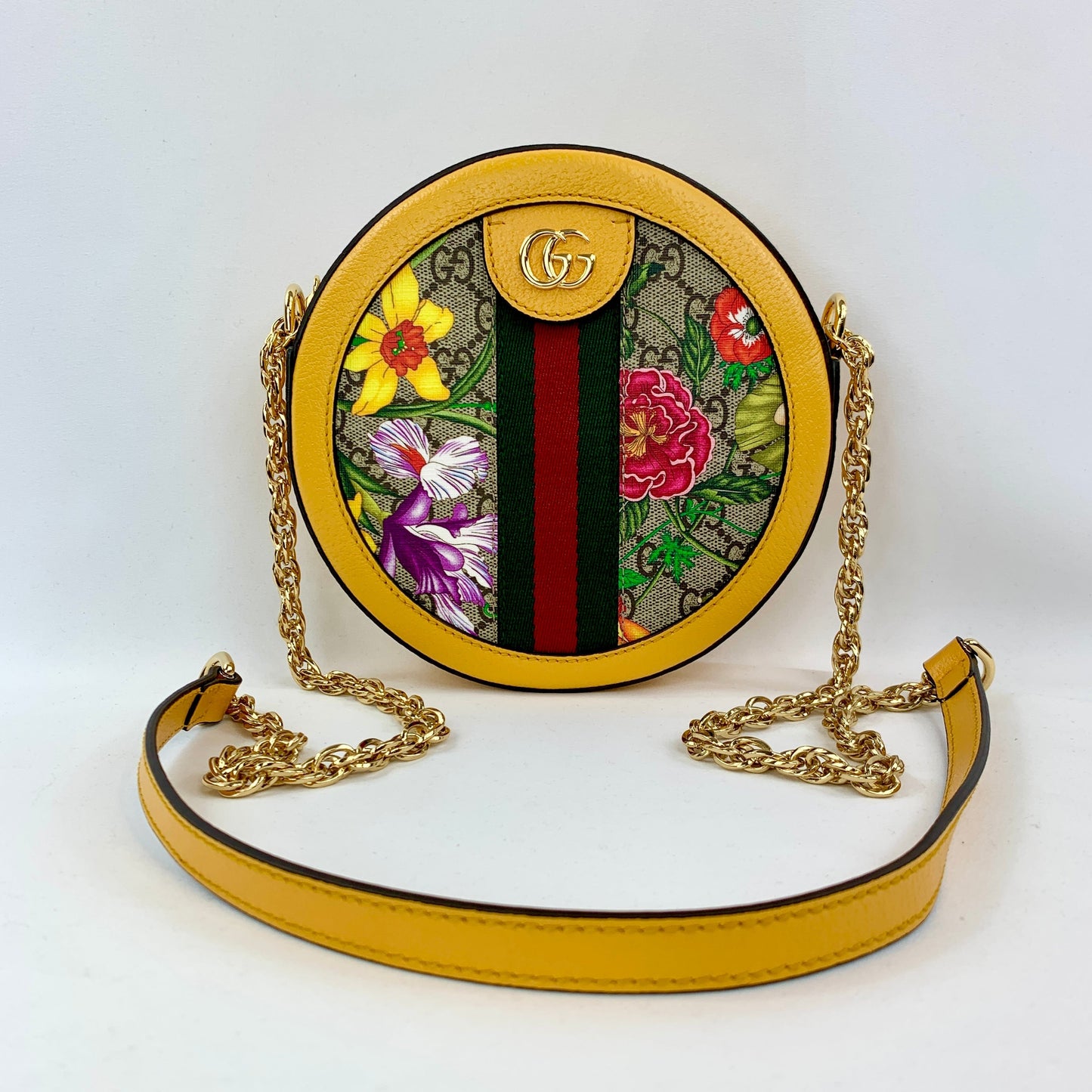 Gucci Mini Ophidia GG Flora Round Shoulder Bag in Yellow