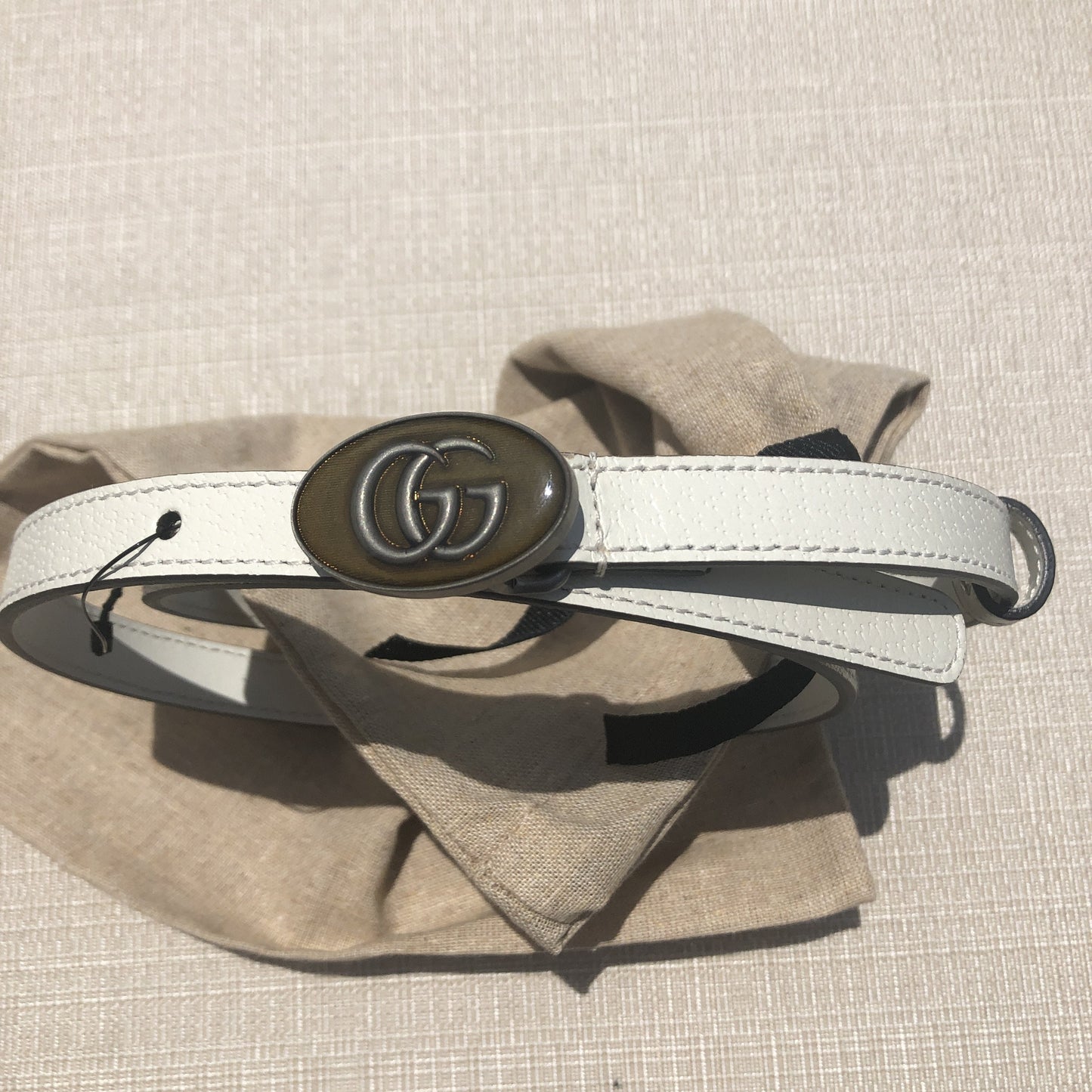 Gucci Leather Belt with Oval Enameled Buckle in White