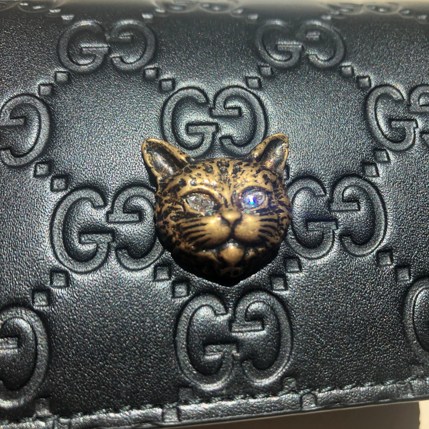 Gucci Guccissima Crystal Cat Card Case in Black