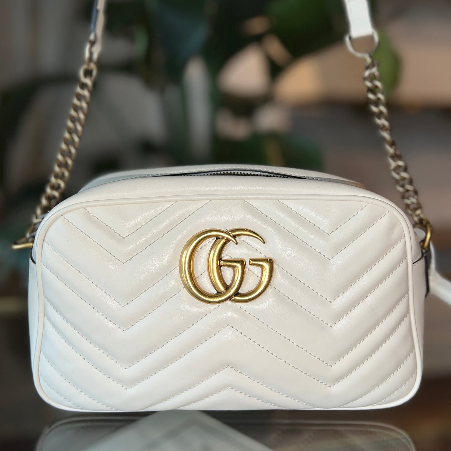 GUCCI GG Marmont White Leather Small Shoulder Bag