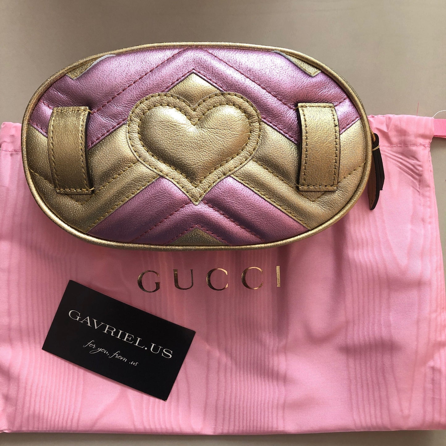 Gucci GG Metallic Matelasse Marmont Belt Bag in Pink and Yellow