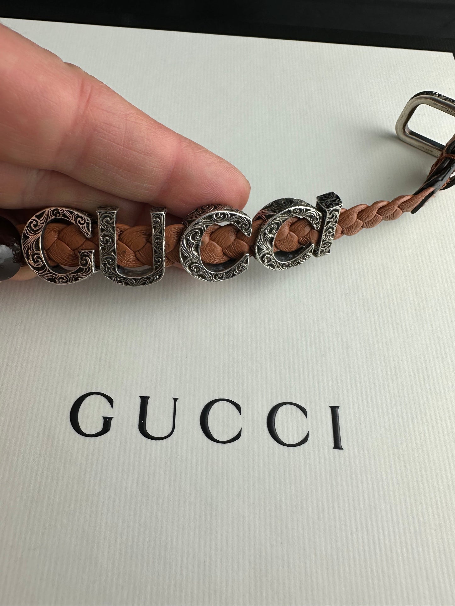 Gucci Garden Leather Bracelet with Silver Logo