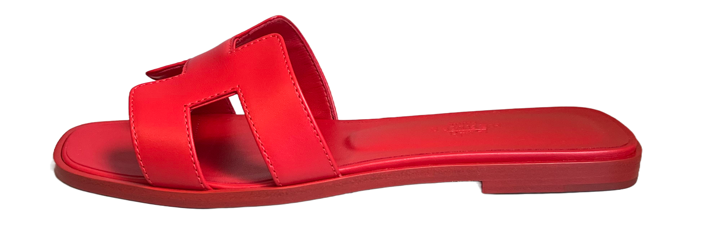 Hermes Oran Calfskin Leather Sandals, Coquelicot
