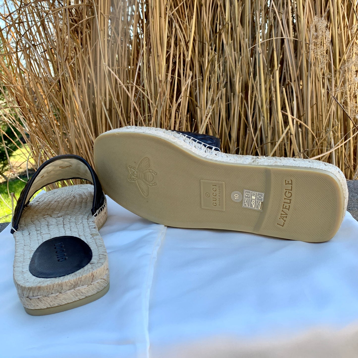 Gucci Horsebit Quilted Espadrille Slide Sandals in Black