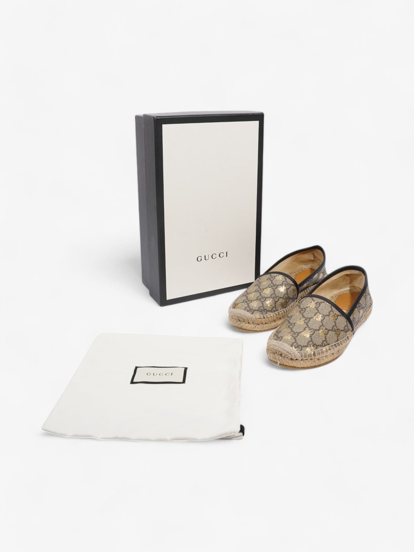 Gucci GG Supreme Bee Espadrille Beige  / Gold / Black Coated Canvas EU 37.5 UK 4.5