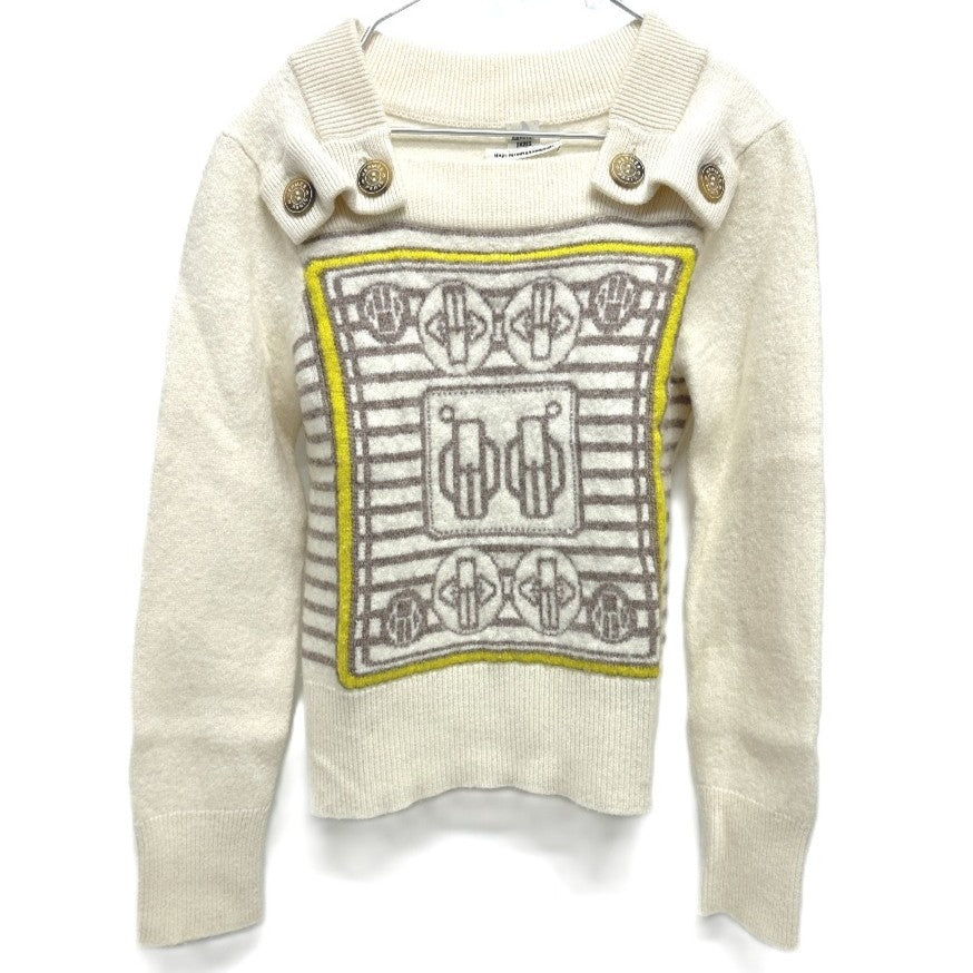 HERMES sweater cashmere White x gray x yellow Collar button border 36