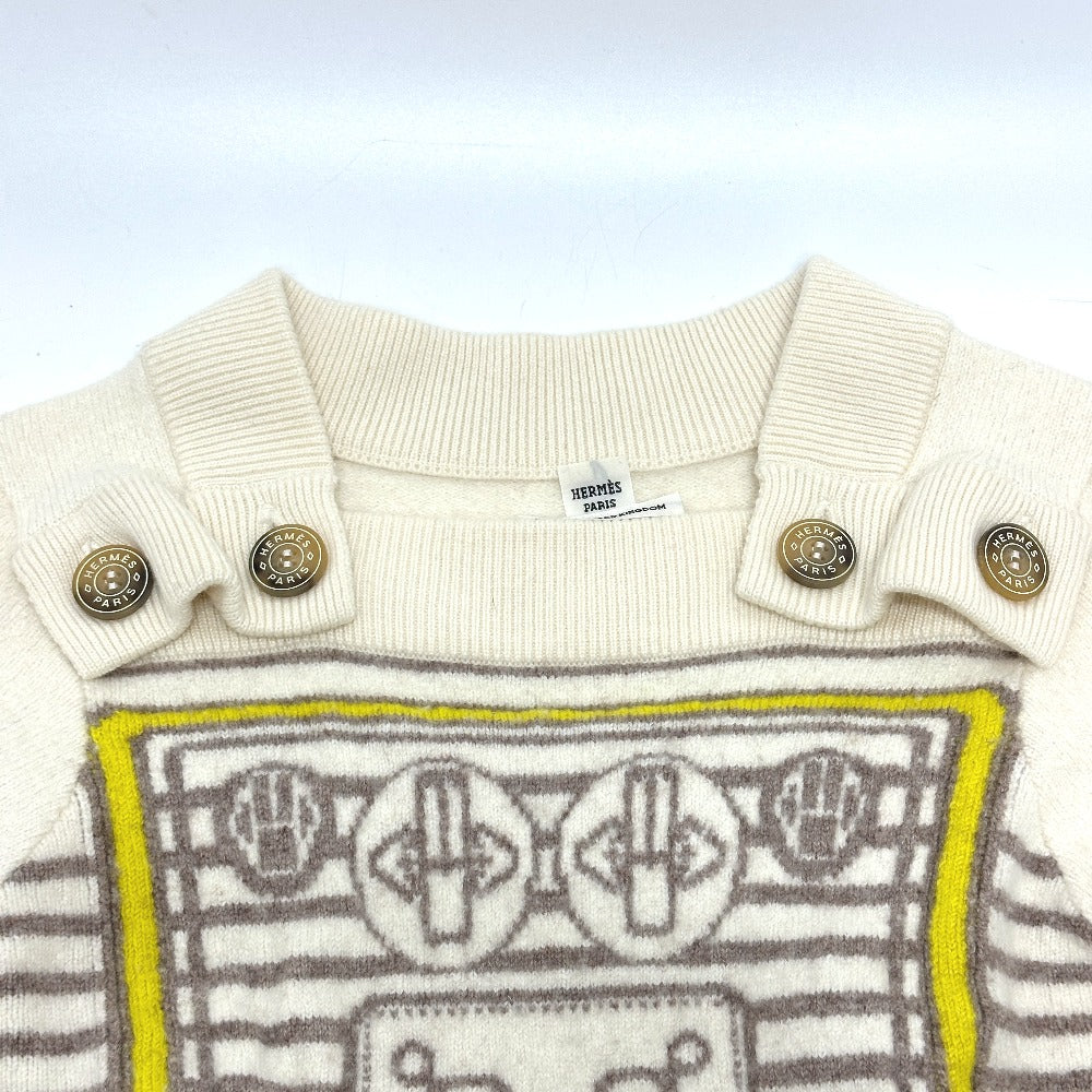 HERMES sweater cashmere White x gray x yellow Collar button border 36