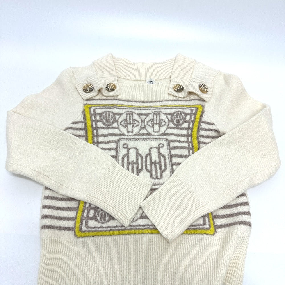 HERMES sweater cashmere White x gray x yellow Collar button border 36