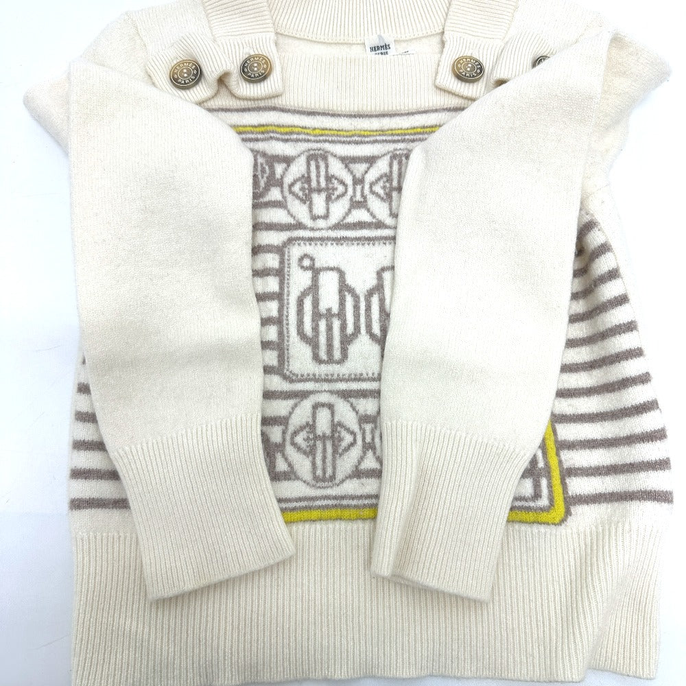 HERMES sweater cashmere White x gray x yellow Collar button border 36