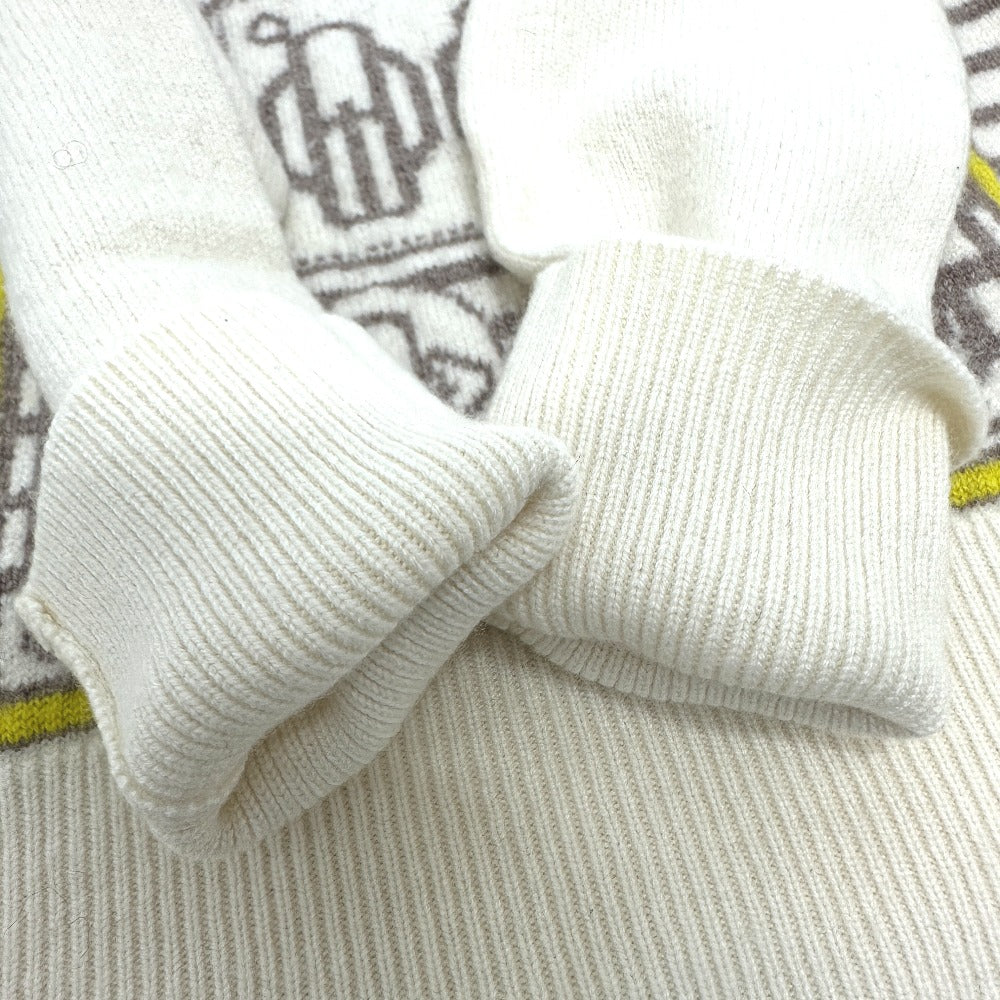 HERMES sweater cashmere White x gray x yellow Collar button border 36